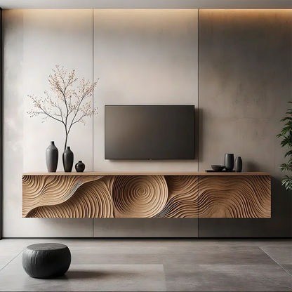 Art-Carved Solid Wood Floating TV Console – Modern Wave Texture Design - Elitegemse