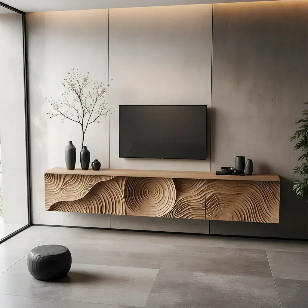 Art-Carved Solid Wood Floating TV Console – Modern Wave Texture Design - Elitegemse