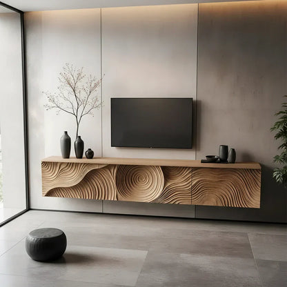 Art-Carved Solid Wood Floating TV Console – Modern Wave Texture Design - Elitegemse