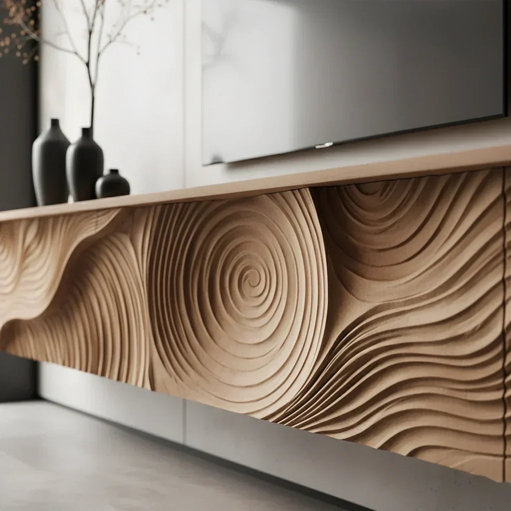 Art-Carved Solid Wood Floating TV Console – Modern Wave Texture Design - Elitegemse