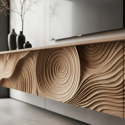 Art-Carved Solid Wood Floating TV Console – Modern Wave Texture Design - Elitegemse