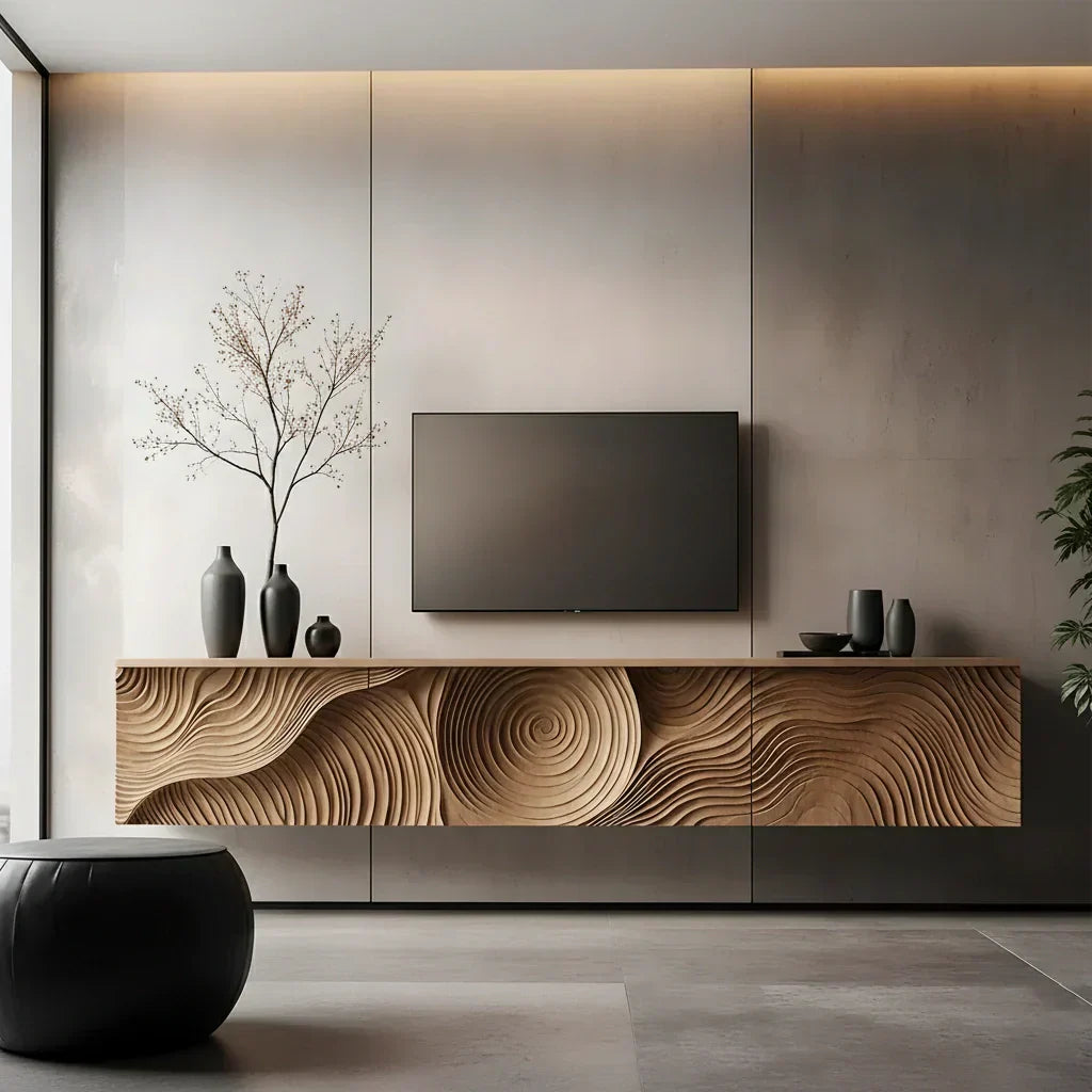 Art-Carved Solid Wood Floating TV Console – Modern Wave Texture Design - Elitegemse