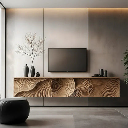 Art-Carved Solid Wood Floating TV Console – Modern Wave Texture Design - Elitegemse