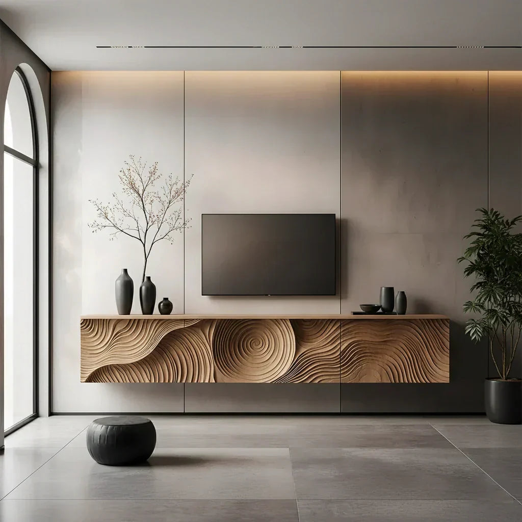 Art-Carved Solid Wood Floating TV Console – Modern Wave Texture Design - Elitegemse