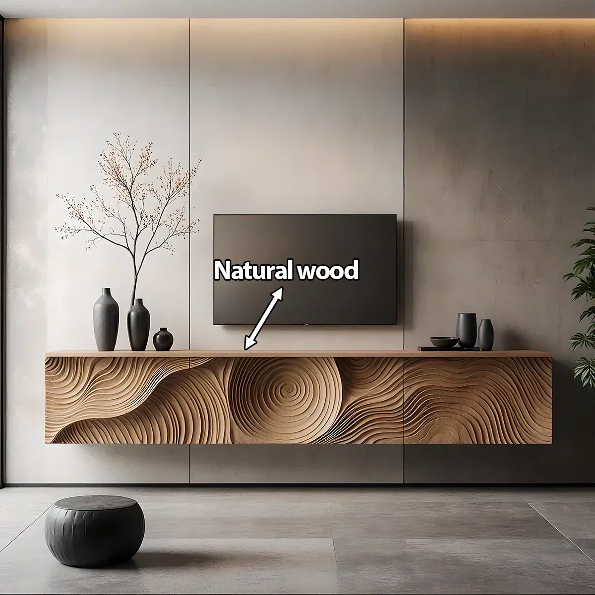 Art-Carved Solid Wood Floating TV Console – Modern Wave Texture Design - Elitegemse