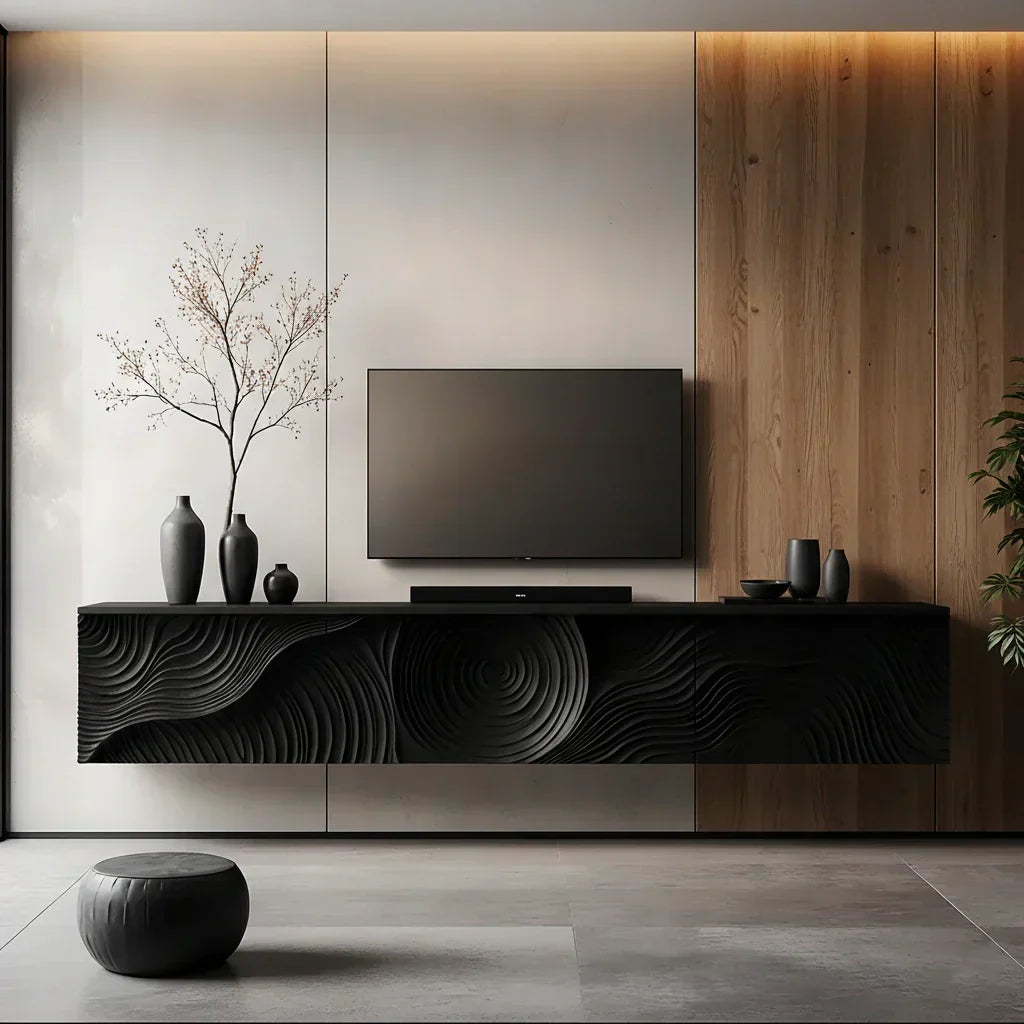 Art-Carved Solid Wood Floating TV Console – Modern Wave Texture Design - Elitegemse