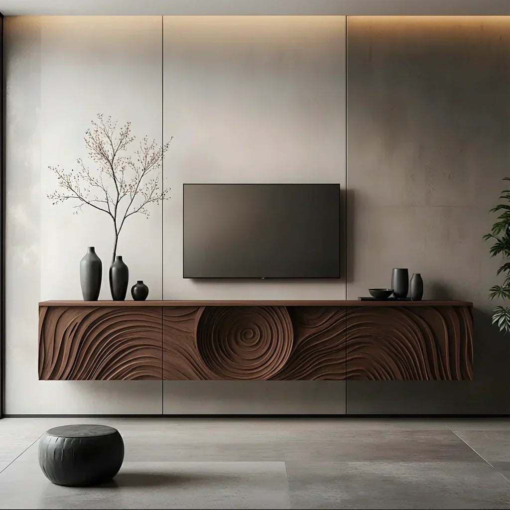 Art-Carved Solid Wood Floating TV Console – Modern Wave Texture Design - Elitegemse