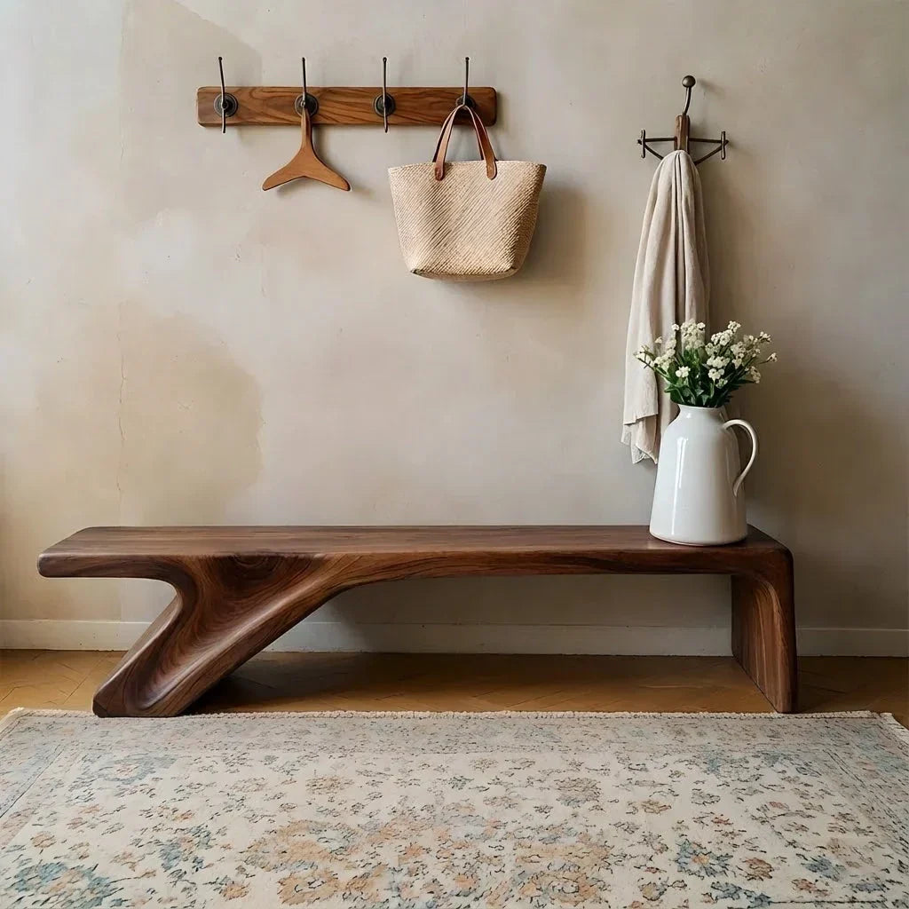 Asymmetric Sculpted Solid Wood Bench – Minimal Flowing Form - Rustirawood