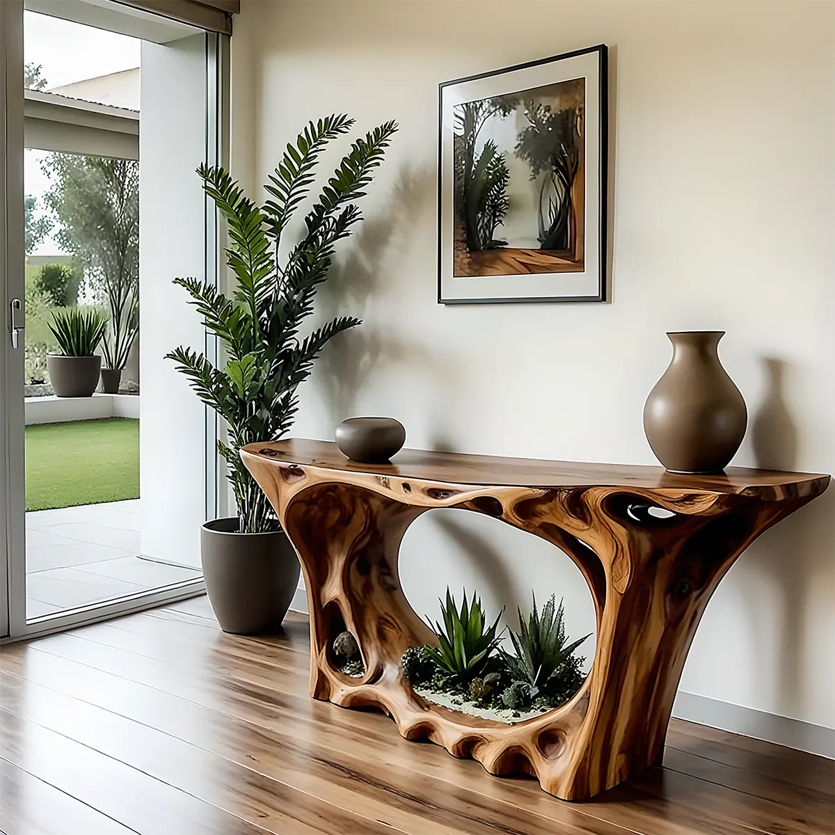 Carved Root Walnut Console Table – Organic Wood Design - Elitegemse