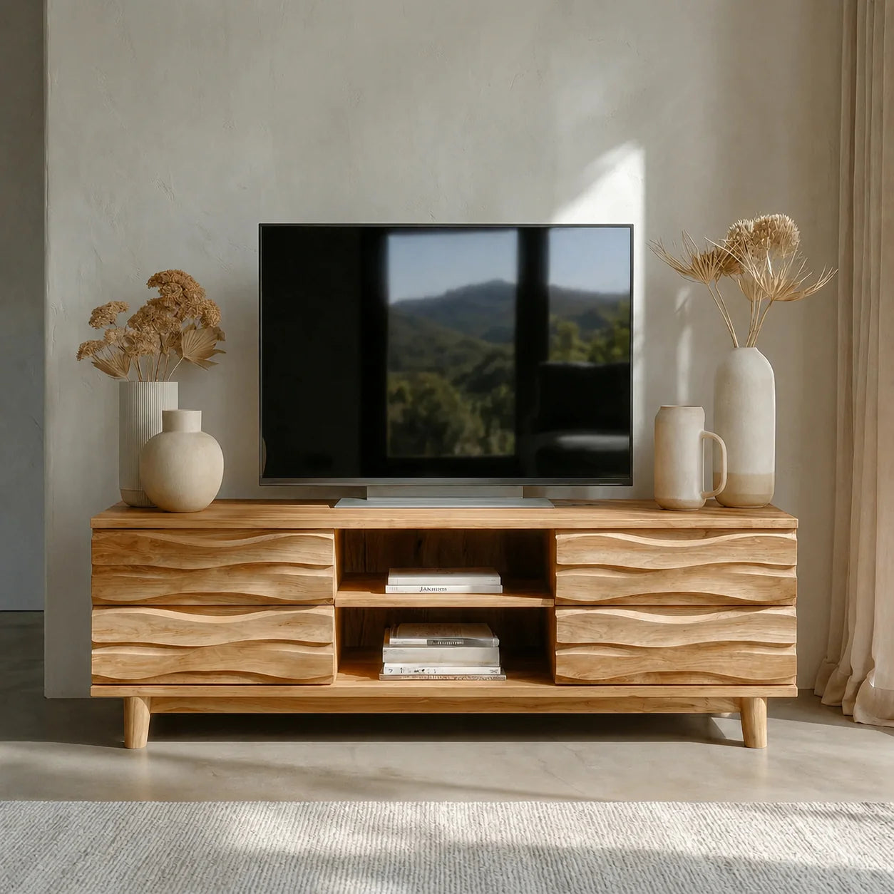 Handcrafted Solid Wood TV Stand with Sculpted Wave Drawers and Center Open Shelving