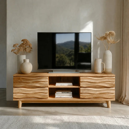 Handcrafted Solid Wood TV Stand with Sculpted Wave Drawers and Center Open Shelving