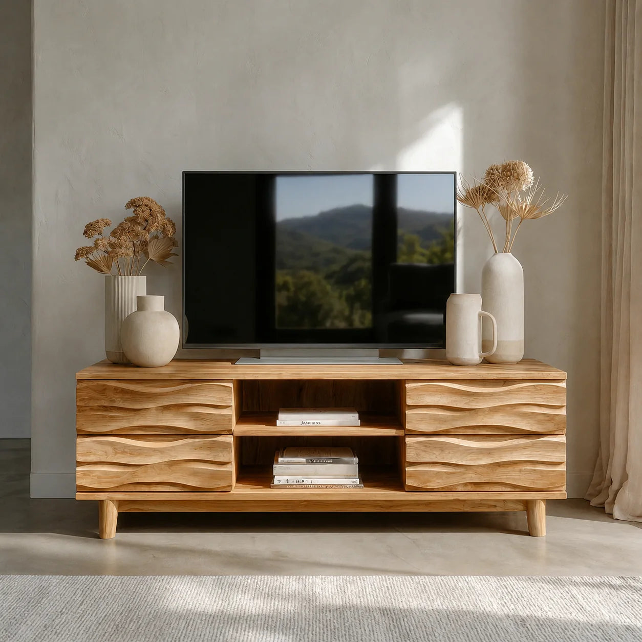 Handcrafted Solid Wood TV Stand with Sculpted Wave Drawers and Center Open Shelving