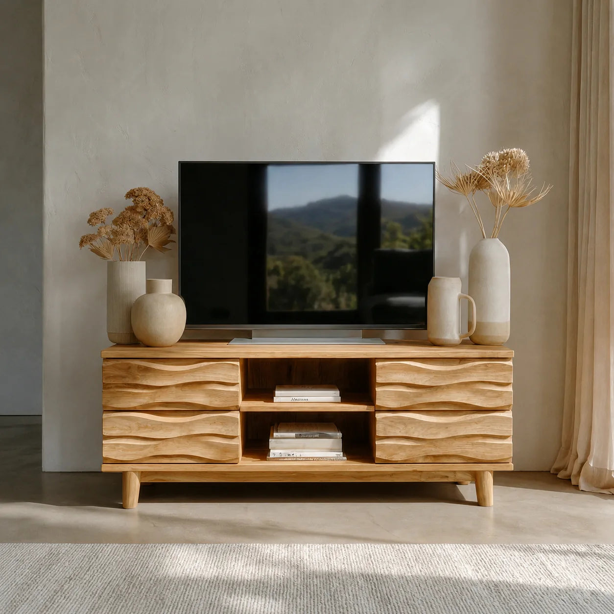 Handcrafted Solid Wood TV Stand with Sculpted Wave Drawers and Center Open Shelving
