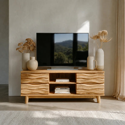 Handcrafted Solid Wood TV Stand with Sculpted Wave Drawers and Center Open Shelving