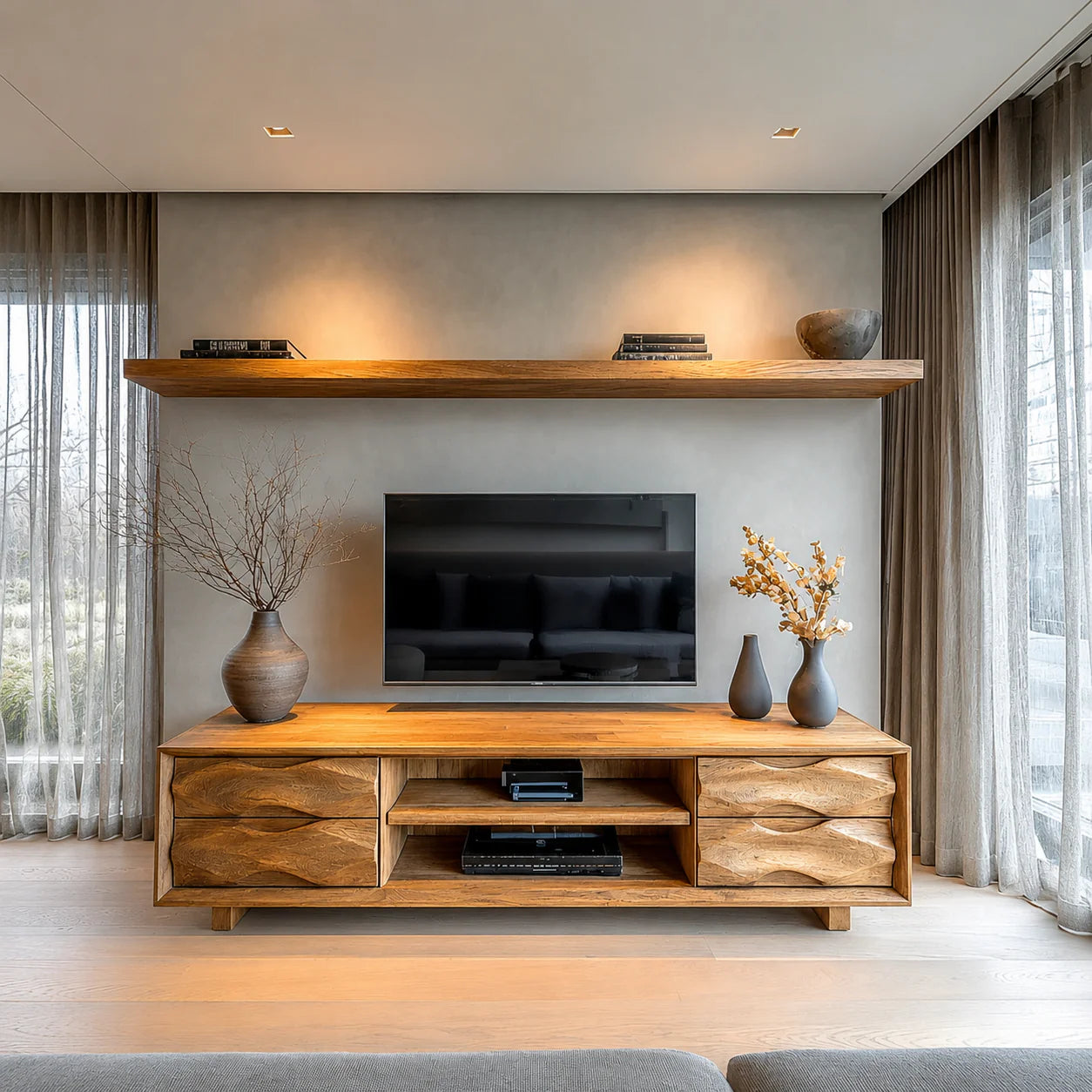 Handcrafted Solid Wood TV Stand with Sculpted Wave Drawers and Center Media Storage