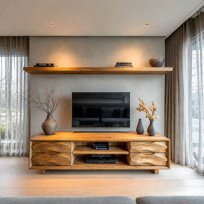 Handcrafted Solid Wood TV Stand with Sculpted Wave Drawers and Center Media Storage