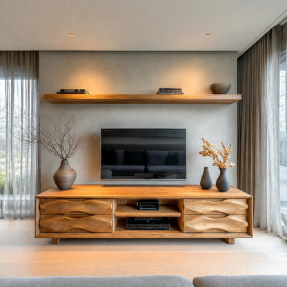 Handcrafted Solid Wood TV Stand with Sculpted Wave Drawers and Center Media Storage