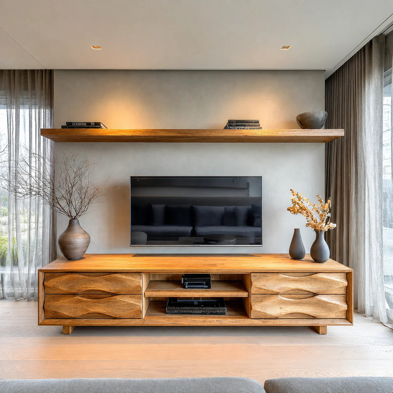 Handcrafted Solid Wood TV Stand with Sculpted Wave Drawers and Center Media Storage