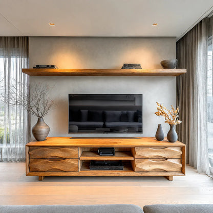 Handcrafted Solid Wood TV Stand with Sculpted Wave Drawers and Center Media Storage
