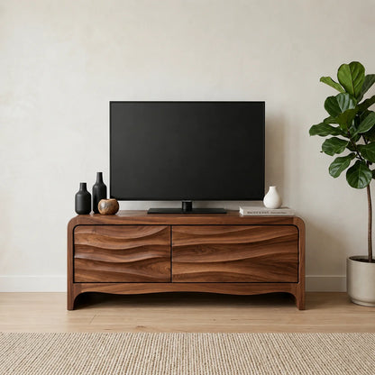 Handcrafted Solid Wood TV Stand with Sculpted Wave Panels and Rounded Frame Design