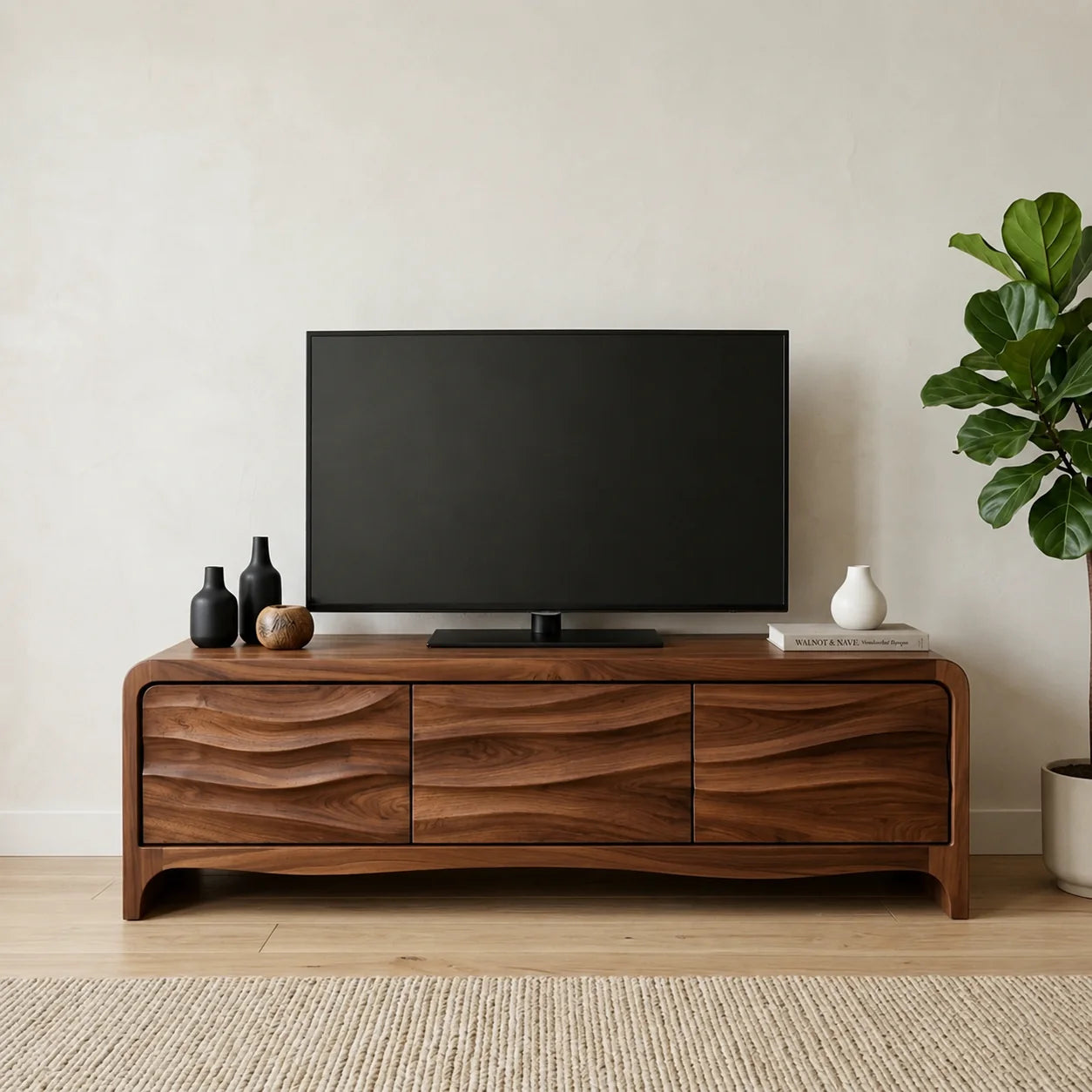 Handcrafted Solid Wood TV Stand with Sculpted Wave Panels and Rounded Frame Design