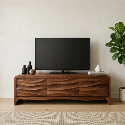 Handcrafted Solid Wood TV Stand with Sculpted Wave Panels and Rounded Frame Design