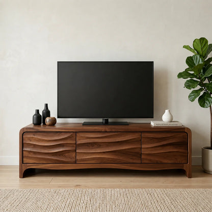 Handcrafted Solid Wood TV Stand with Sculpted Wave Panels and Rounded Frame Design