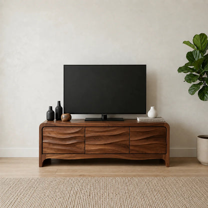 Handcrafted Solid Wood TV Stand with Sculpted Wave Panels and Rounded Frame Design