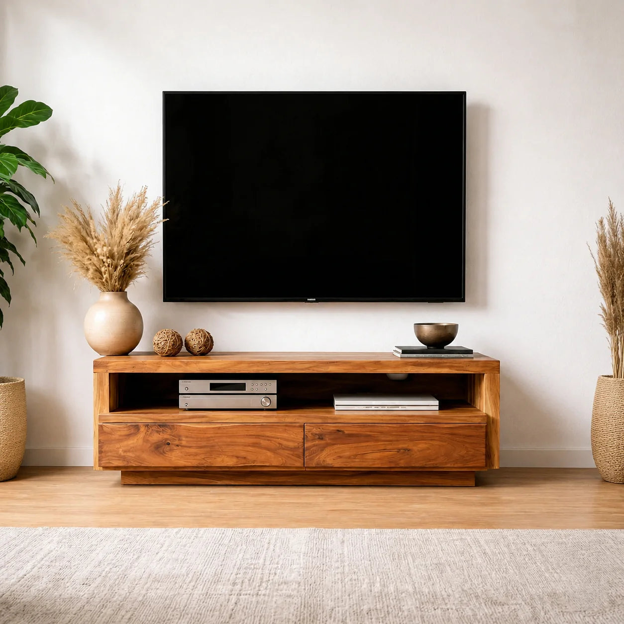Handcrafted Solid Wood TV Stand with Full-Length Open Shelf and Hidden Drawer Storage