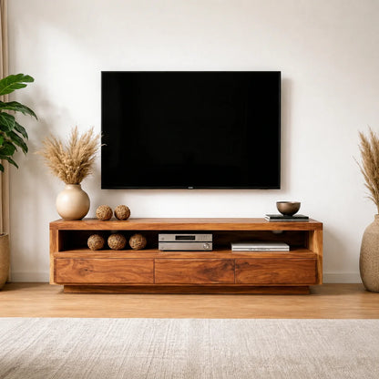 Handcrafted Solid Wood TV Stand with Full-Length Open Shelf and Hidden Drawer Storage