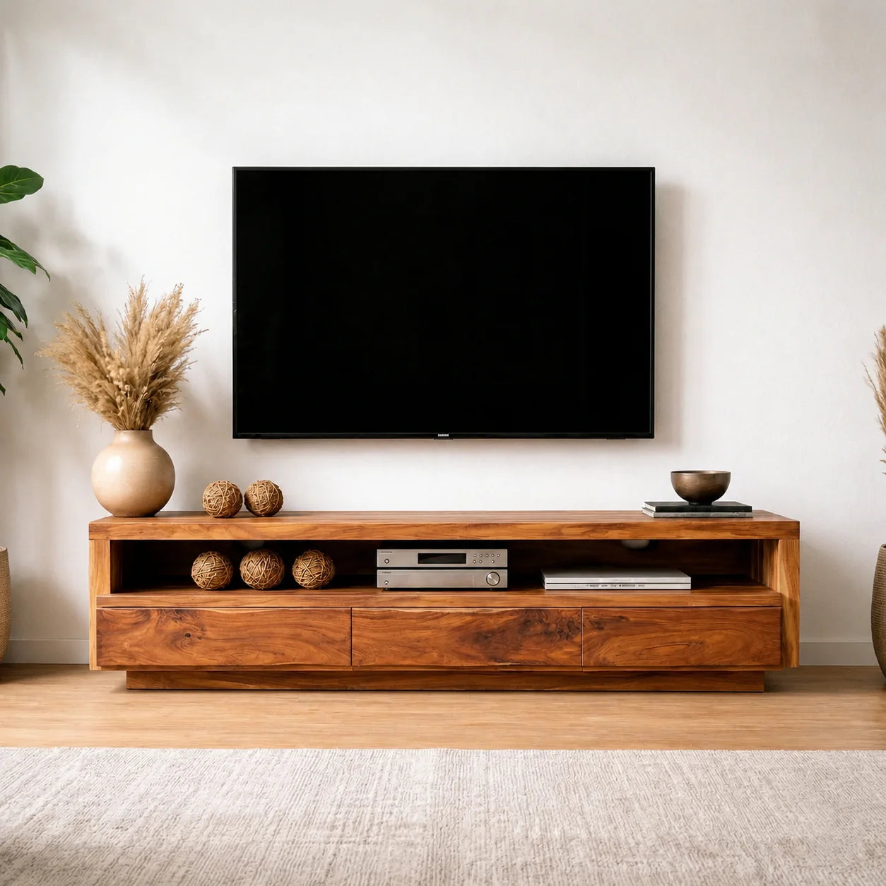 Handcrafted Solid Wood TV Stand with Full-Length Open Shelf and Hidden Drawer Storage