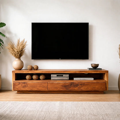 Handcrafted Solid Wood TV Stand with Full-Length Open Shelf and Hidden Drawer Storage