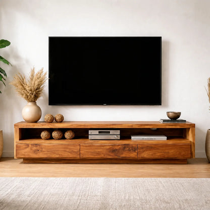Handcrafted Solid Wood TV Stand with Full-Length Open Shelf and Hidden Drawer Storage