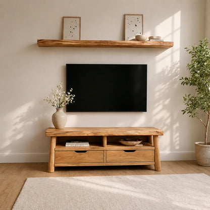Modern Solid Wood TV Stand with Drawers and Open Shelf Storage