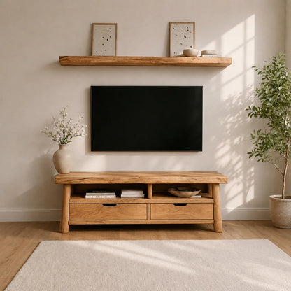 Modern Solid Wood TV Stand with Drawers and Open Shelf Storage