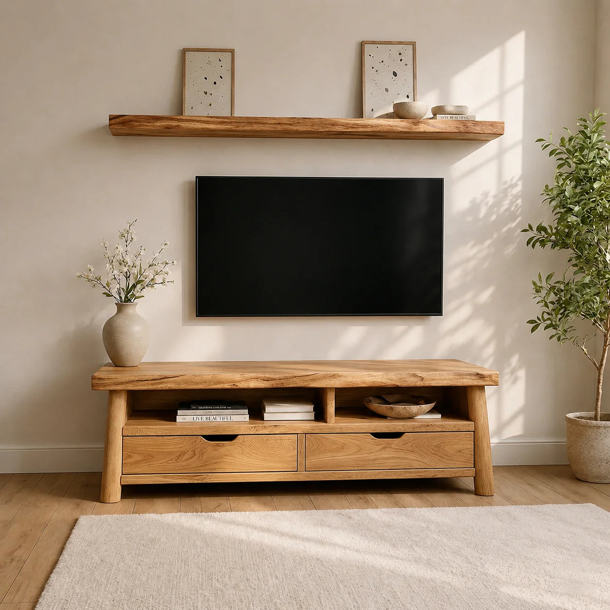 Modern Solid Wood TV Stand with Drawers and Open Shelf Storage