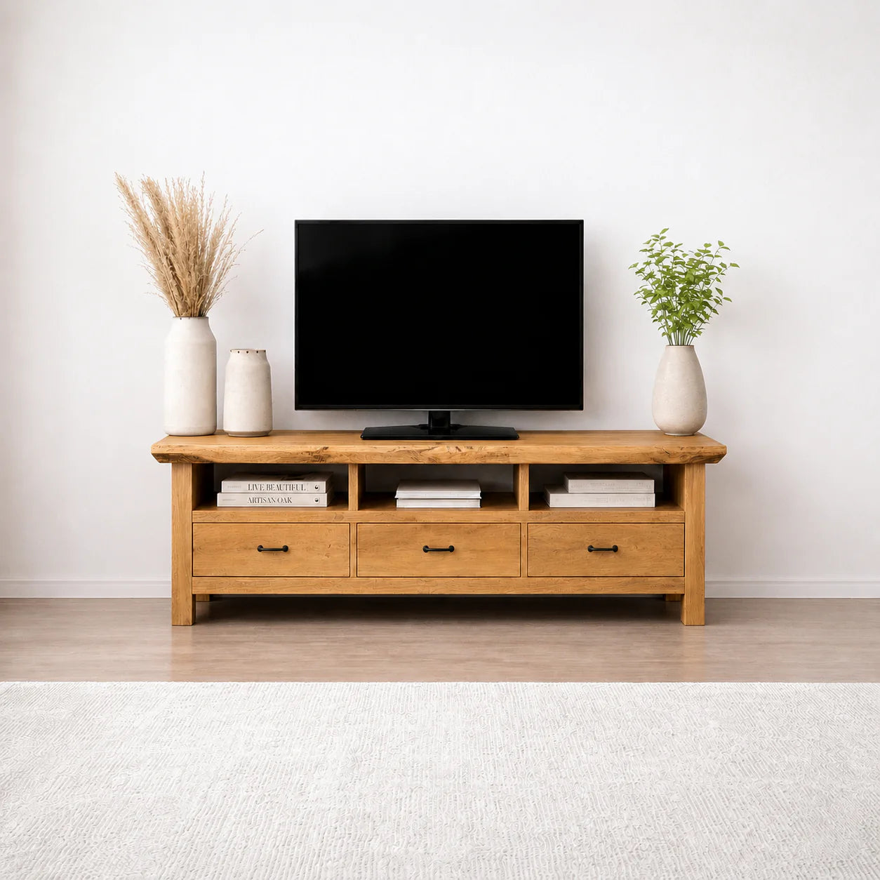 Handcrafted Solid Wood TV Stand with Spacious Drawers and Open Media Storage