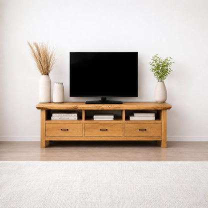 Handcrafted Solid Wood TV Stand with Spacious Drawers and Open Media Storage