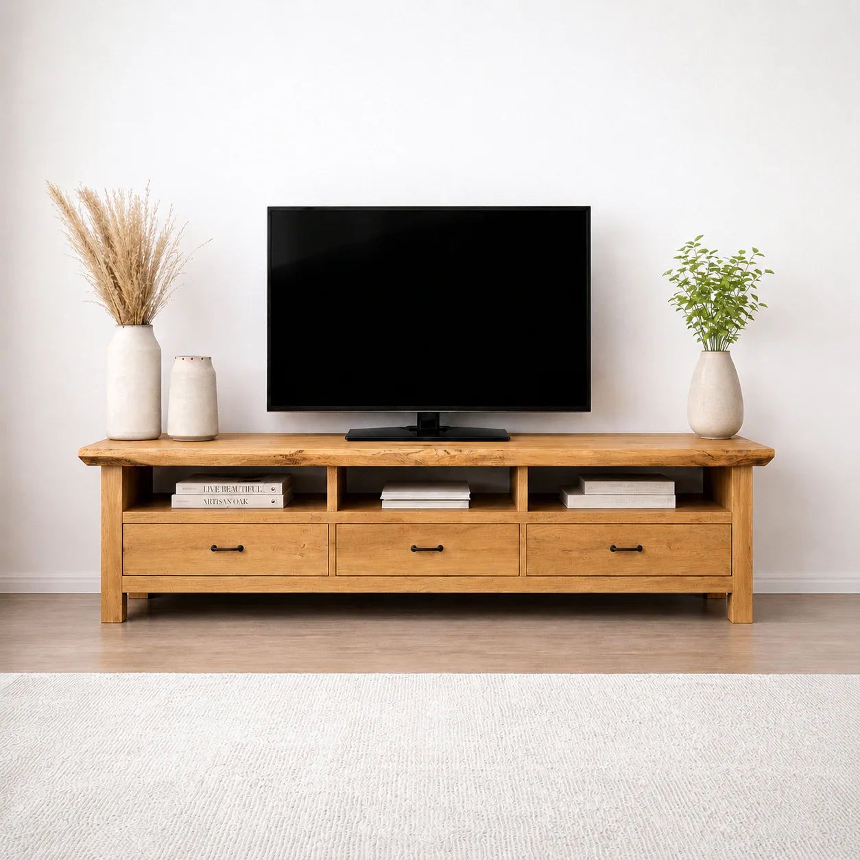 Handcrafted Solid Wood TV Stand with Spacious Drawers and Open Media Storage