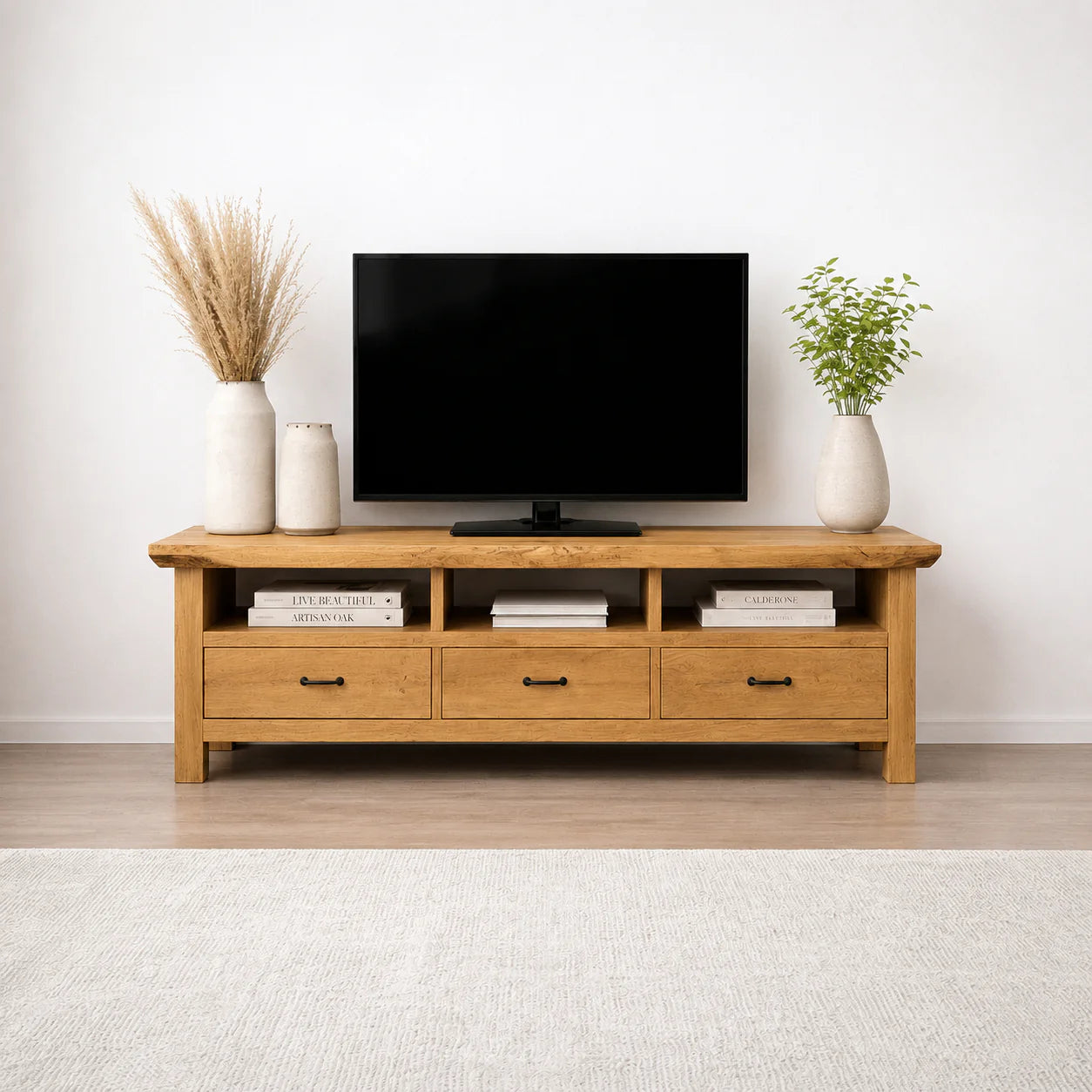 Handcrafted Solid Wood TV Stand with Spacious Drawers and Open Media Storage