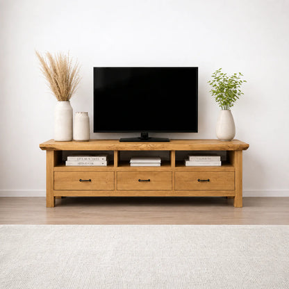 Handcrafted Solid Wood TV Stand with Spacious Drawers and Open Media Storage