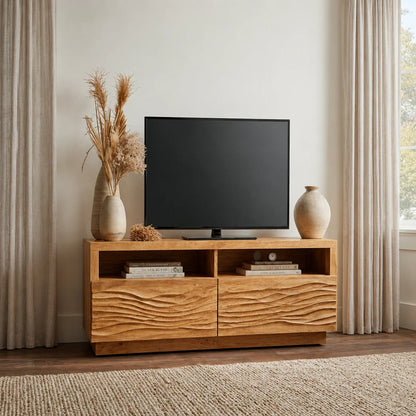 Handcrafted Solid Wood TV Stand with Sculpted Wave Doors and Open Media Compartments