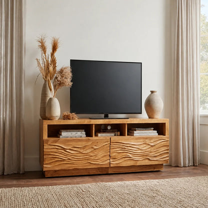Handcrafted Solid Wood TV Stand with Sculpted Wave Doors and Open Media Compartments