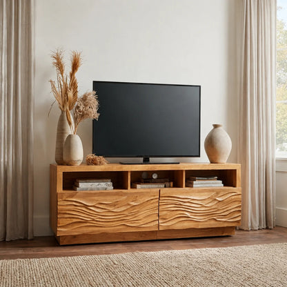 Handcrafted Solid Wood TV Stand with Sculpted Wave Doors and Open Media Compartments