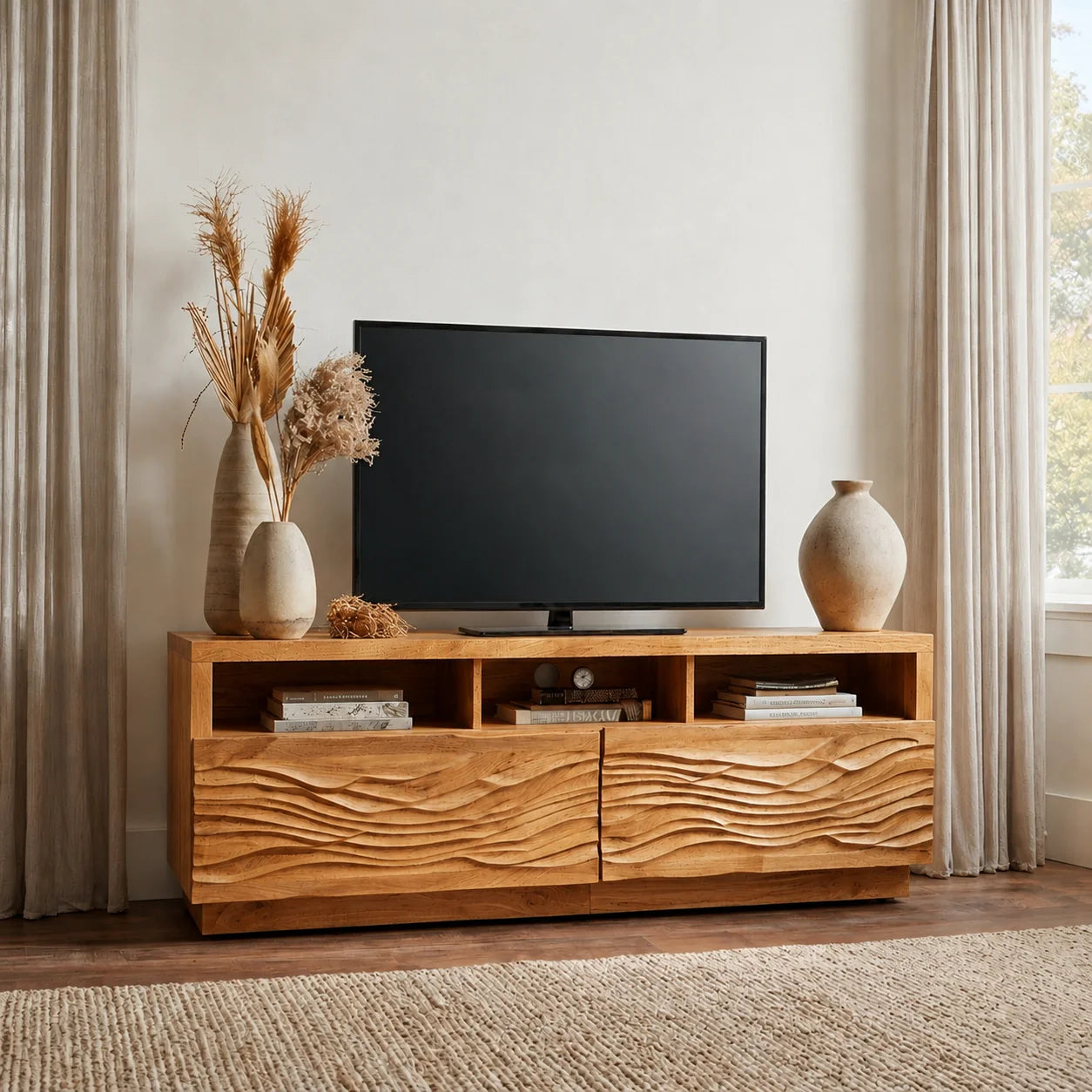 Handcrafted Solid Wood TV Stand with Sculpted Wave Doors and Open Media Compartments