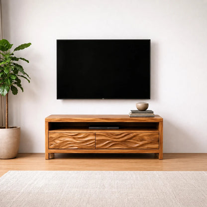 Handcrafted Solid Wood TV Stand with Sculpted Wave Drawers and Open Media Shelf