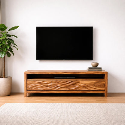Handcrafted Solid Wood TV Stand with Sculpted Wave Drawers and Open Media Shelf
