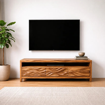 Handcrafted Solid Wood TV Stand with Sculpted Wave Drawers and Open Media Shelf