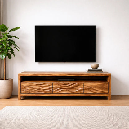 Handcrafted Solid Wood TV Stand with Sculpted Wave Drawers and Open Media Shelf