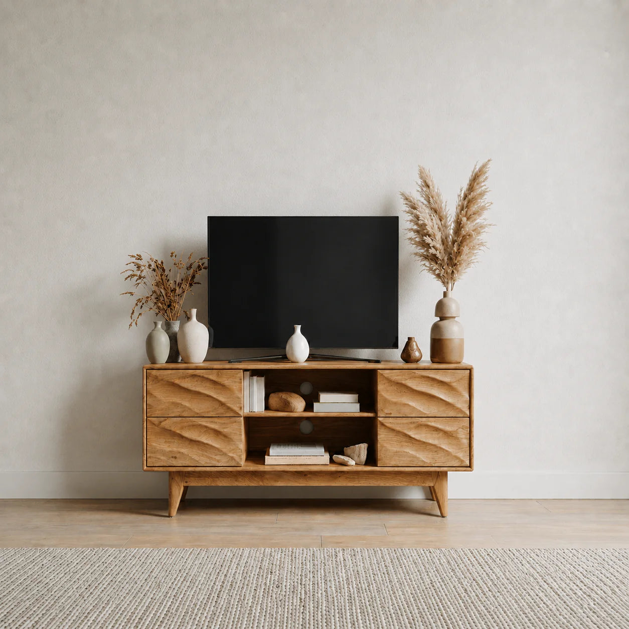 Handcrafted Solid Wood TV Stand with Sculpted Wave Drawers and Mid Century Frame